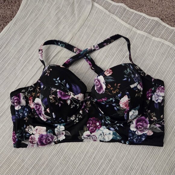 Torrid 2 Underwire Push-up Cut and Sew Bikini Top Black Purple Floral - Picture 1 of 4